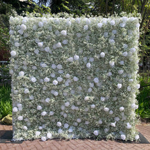 Load image into Gallery viewer, US Seller! 5D White Rose Baby Breaths Mix Roll Up Flower Wall On Cloth Fabric Wedding Party Photo Backdrop Top Quality N8821