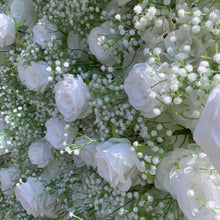 Load image into Gallery viewer, White Rose & Baby's Breath Roll Up Flower Wall Backdrop, Wedding Decor | 50% Return Refund Option