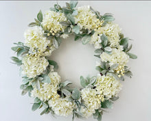 Load image into Gallery viewer, Floor Sample | Faux Hydrangea Front Door Wreath, Elegant Floral Home Decor