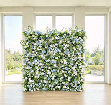 Load image into Gallery viewer, Blue Haven Flower Wall Backdrop, Wedding Photo Booth Fabric | 50% Return Refund Option