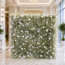 Load image into Gallery viewer, White Rose & Baby's Breath Roll Up Flower Wall Backdrop, Wedding Decor | 50% Return Refund Option