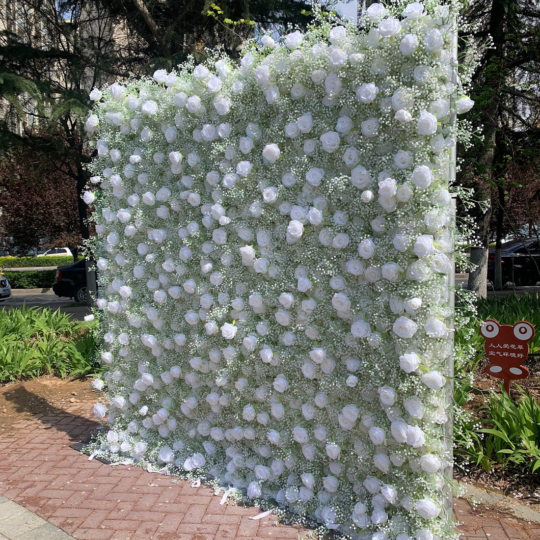 New Design 5D White Rose Baby Breaths Mix Flower Wall On Cloth Fabric Wedding Party Photo Backdrop Top Quality N8821