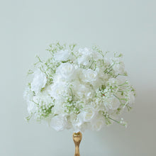 Load image into Gallery viewer, White Rose Baby Breaths Mix Arrangement | White Floral Centerpiece / Floral Centerpiece with Stand
