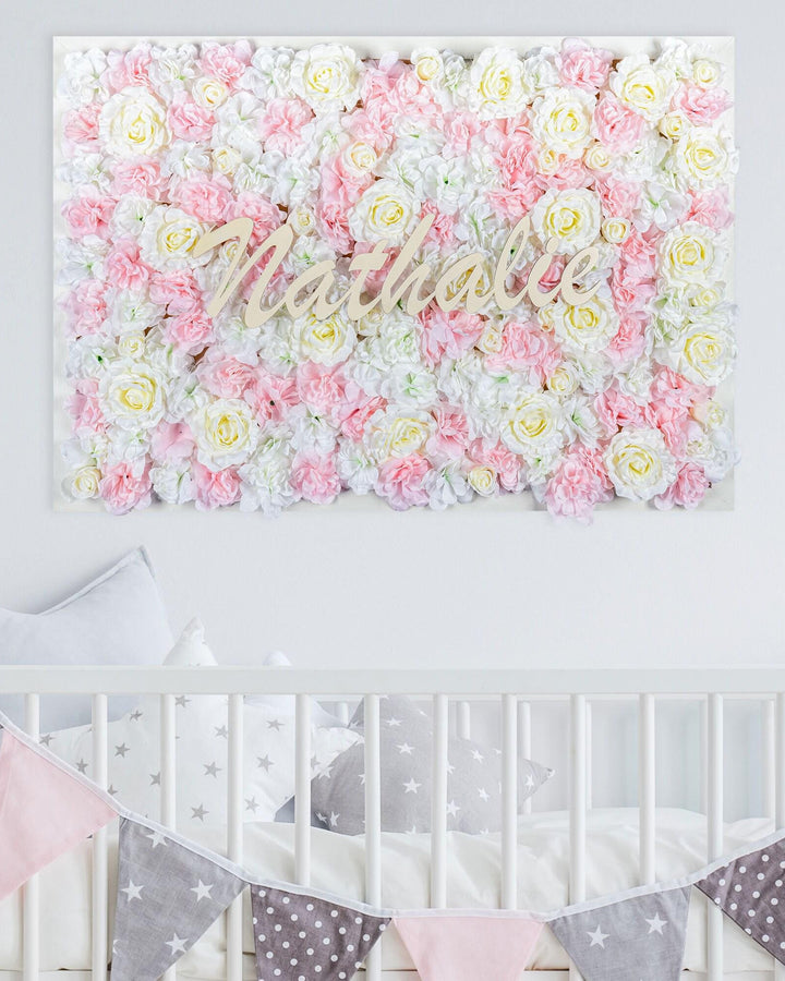 Handmade Framed Faux Floral Nursery Wall Art, Name Sign