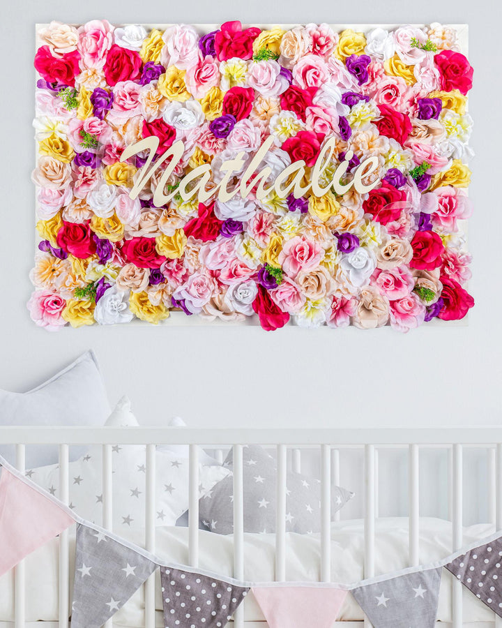 Handmade Framed Faux Floral Nursery Wall Art, Name Sign (23"x28")