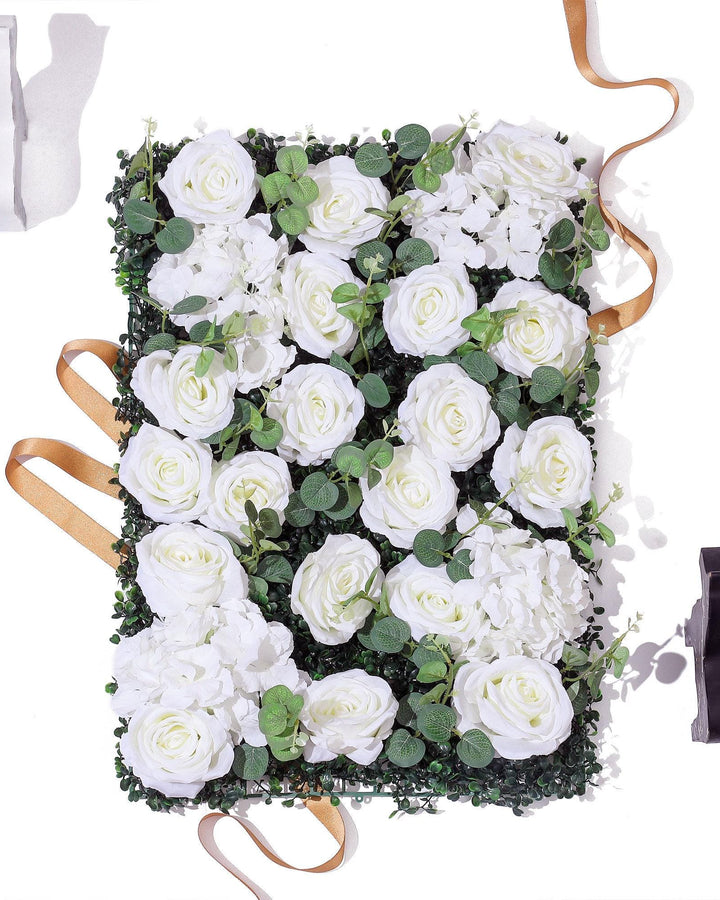 Ivory White Rose Flower Wall Panel - Eucalyptus Greenery Backdrop