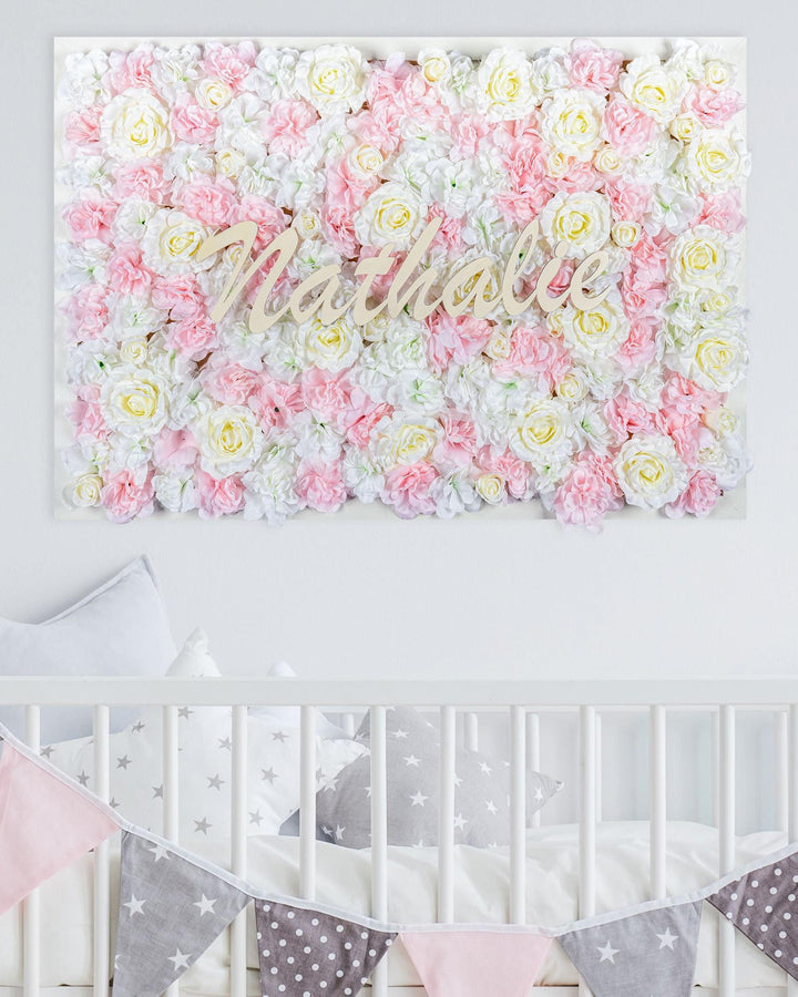 Floral Nursery Name Sign, Framed Faux Flower Wall Art (28x40 inches)