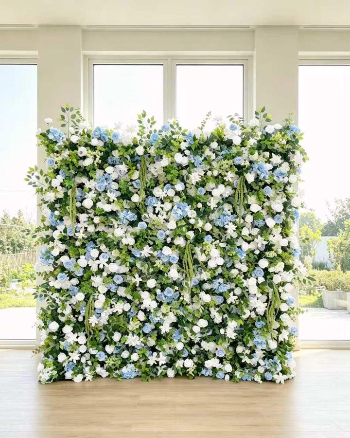 Blue Haven Flower Wall Backdrop, Wedding Photo Booth Fabric | 50% Return Refund Option