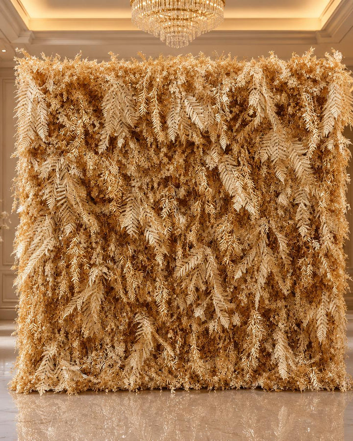 Golden Rime Flower Wall Backdrop, Roll Up Roll Up Floral Wall Earthy Metallic Fabric Cloth | 50% Return Refund Option