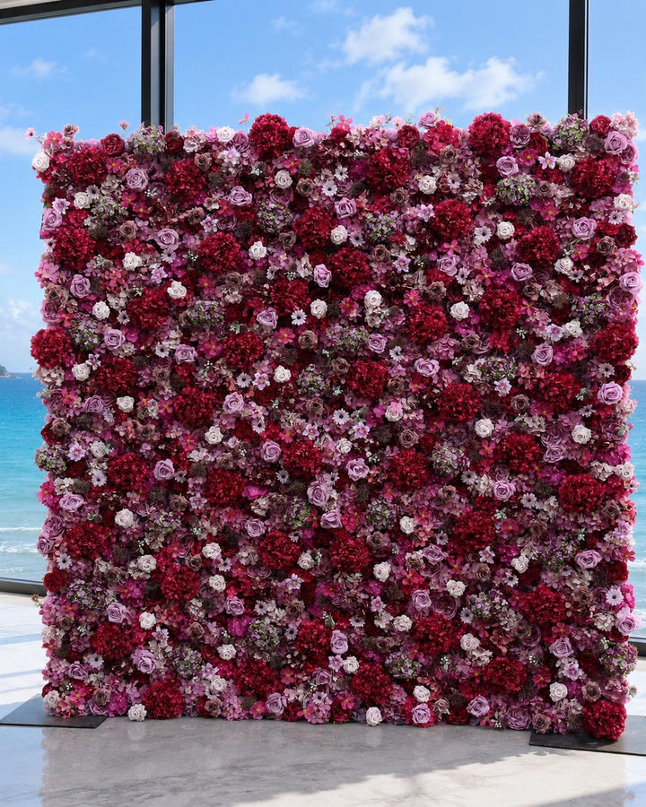 Purple 5D Wedding Flower Wall Backdrop, Roll Up Fabric Floral Wall for Ceremony Photo Booth | 50% Return Refund Option