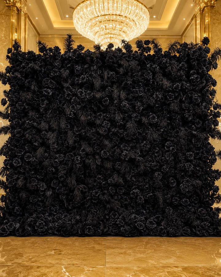 5D Black Ostrich Feather Rose Flower Wall Backdrop, Wedding Party Decor | 50% Return Refund Option N8817