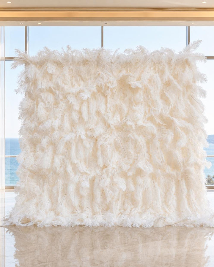 Ostrich Feather Roll-Up Flower Wall Panel Backdrop, Fabric Cloth Wedding Party Decor | Optional 50% Return Refund Program
