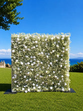 Load image into Gallery viewer, White Rose &amp; Baby's Breath Roll Up Flower Wall Backdrop, Wedding Decor | 50% Return Refund Option
