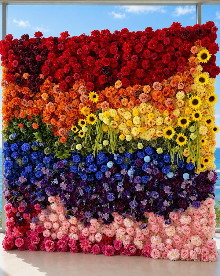 Rainbow Roll Up Fabric Floral Wall Backdrop - Wedding Ceremony Photo Booth | 50% Return Refund Option