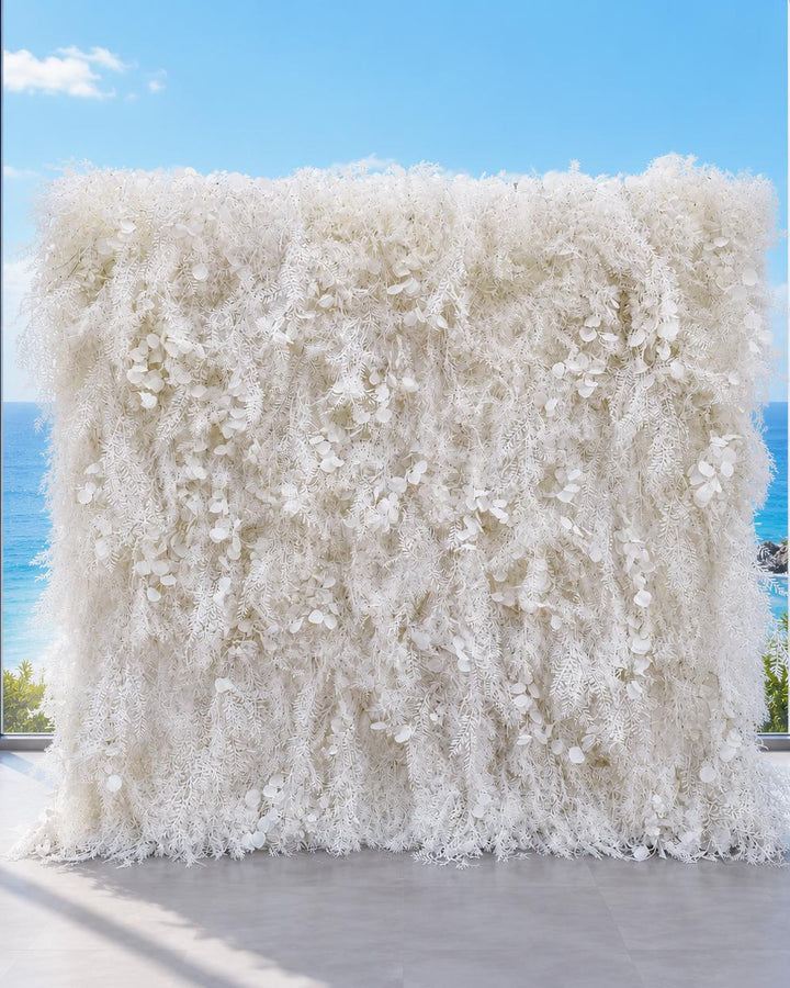 White Roll Up Floral Fabric Flower Wall Backdrop: Wedding, Bridal Shower Decor | 50% Return Refund Option