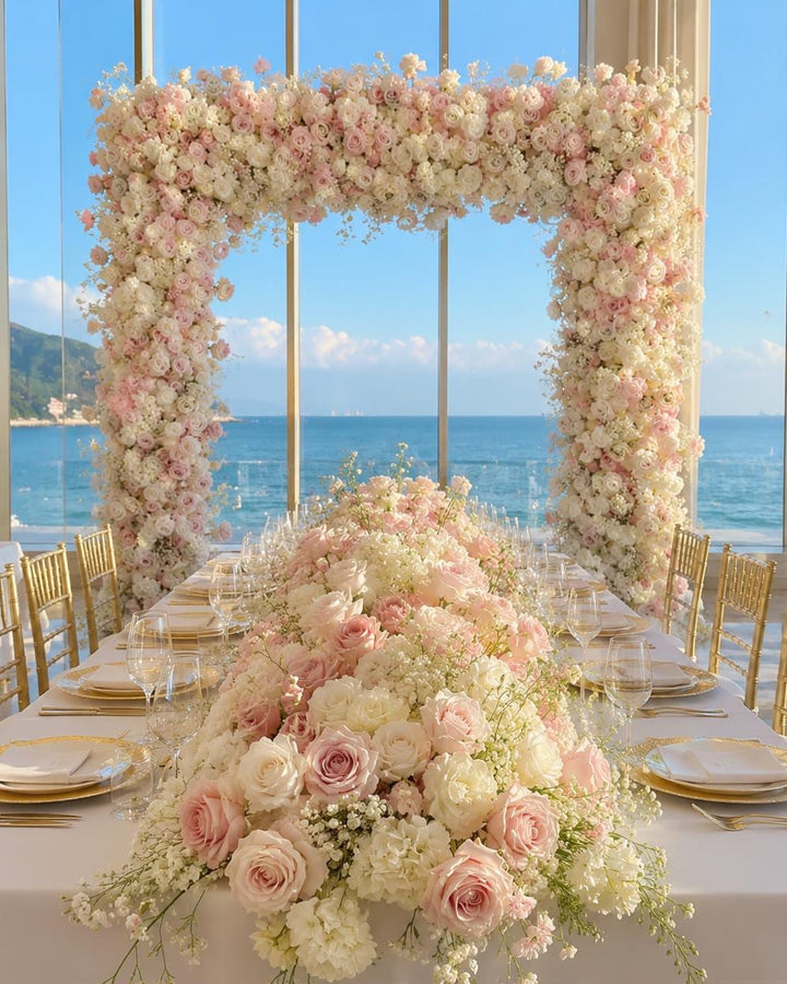 Elegant Wedding Arch Foam based Flower Arrangement Floral Table Runner | Reception Party Stage Decor | Optional 50% Return Refund Program