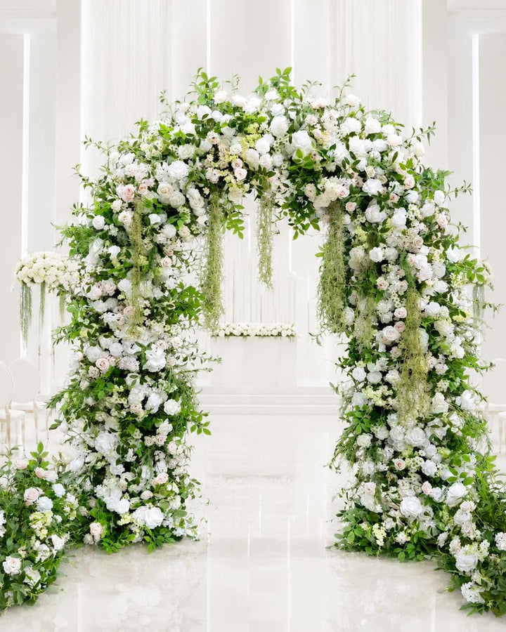 Wedding Arch Backdrop [Evergreen Pearl White Floral Arch Set] for Ceremony, Photo Booth