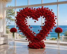 Load image into Gallery viewer, Red Heart Shaped Roll Up Wedding Flower Arch Fabric based Arrangement 6.5x6.5 ft, Ceremony Photo Booth Backdrop | 50% Return Refund Option
