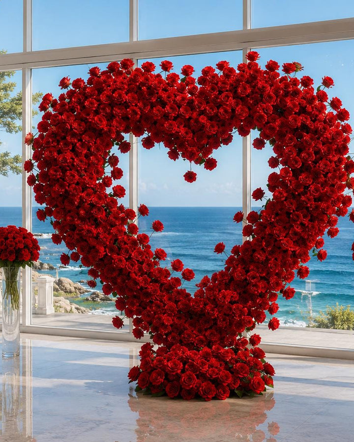 Red Heart Shaped Roll Up Wedding Flower Arch Fabric based Arrangement 6.5x6.5 ft, Ceremony Photo Booth Backdrop | 50% Return Refund Option