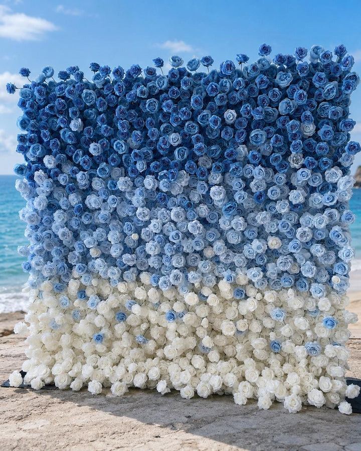 Blue Gradient Color Wedding Flower Wall Backdrop, Dual-Sided Fabric Floral Wall for Ceremony Photo Booth | 50% Return Refund Option