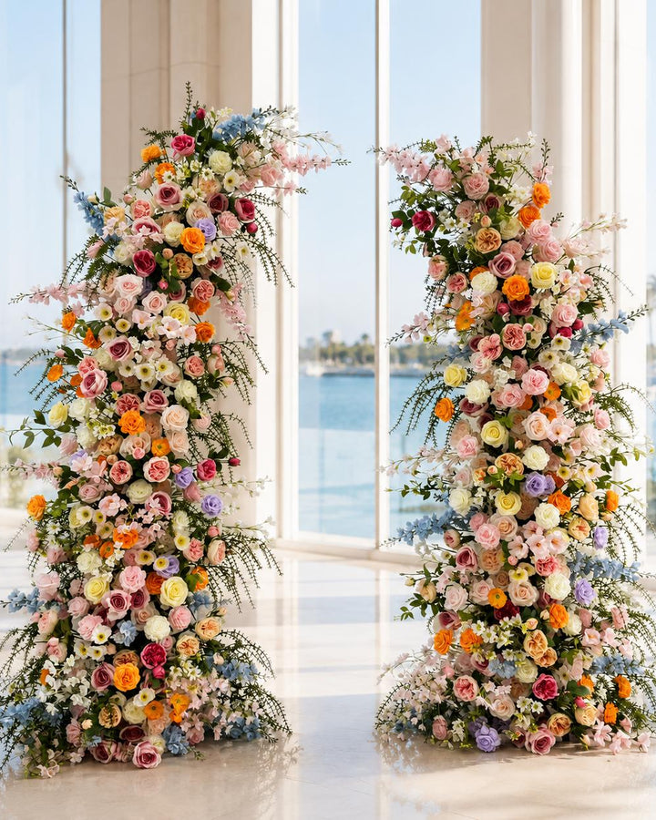 Flower Wall Backdrop [Garden Muse Mixed Floral Pillar Pair] for Ceremony & Photo Booth