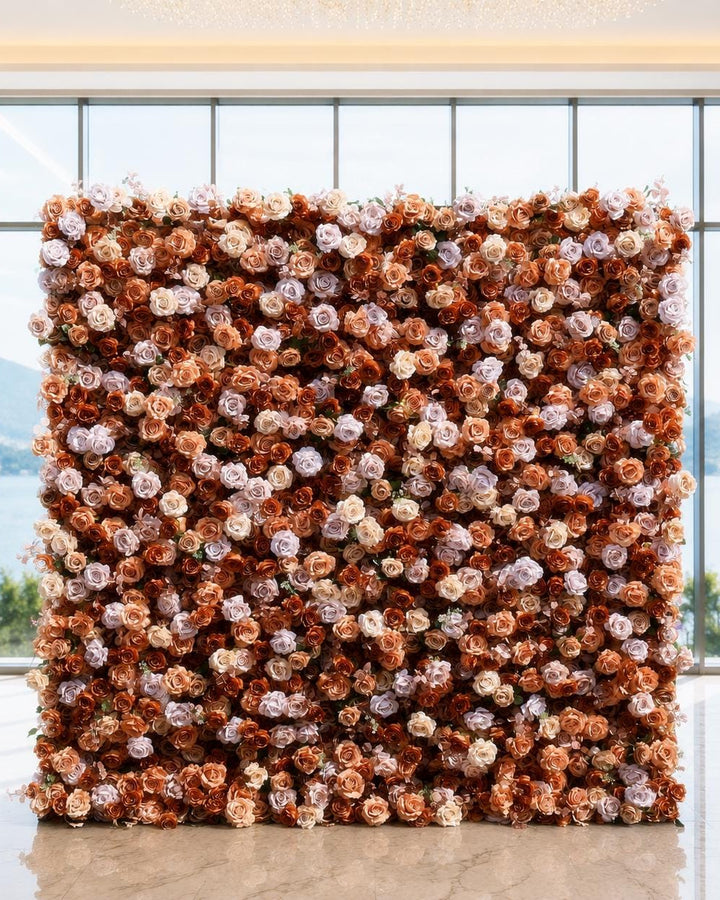 Coffee Brown Flower Wall Backdrop, Roll Up Fabric Wedding Decor | Optional 50% Return Refund Program