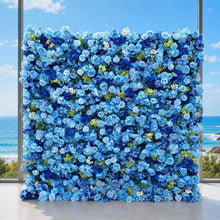 Load image into Gallery viewer, Flower Wall Backdrop [Sapphire Bloom Hydrangea Rose Roll-Up Fabric Panel] for Ceremony &amp; Photo Booth
