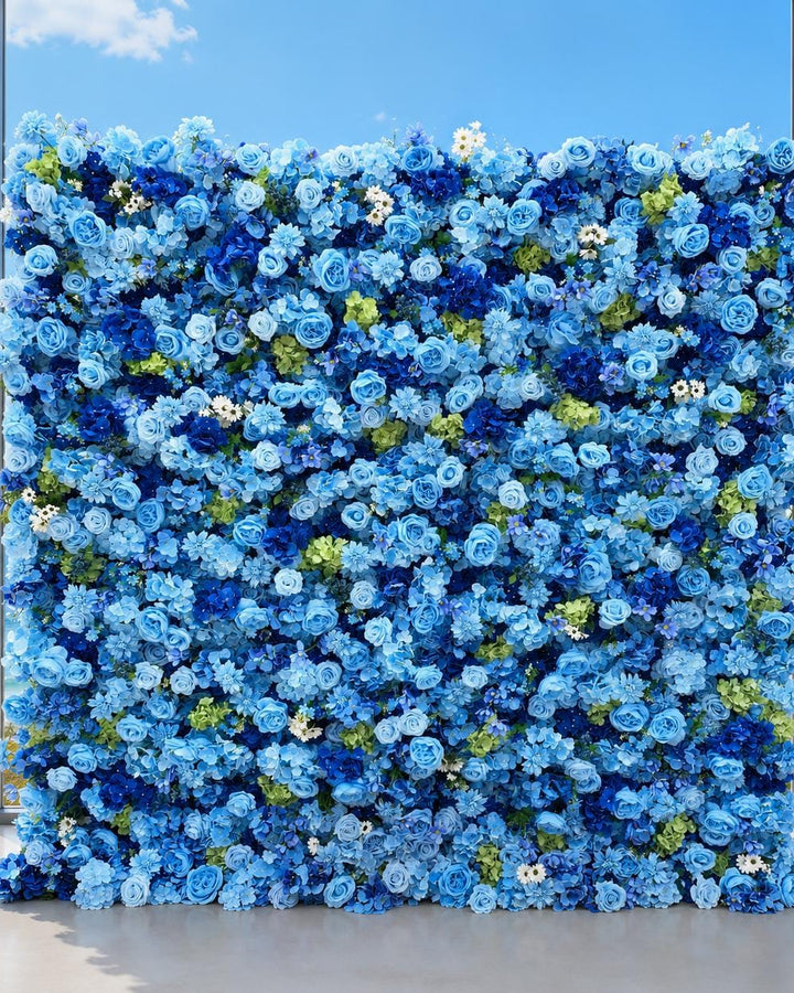 Cerulean Blue Flower Wall Backdrop, Roll Up Floral Wall Fabric Wedding Decor | 50% Return Refund Option