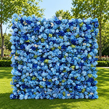 Load image into Gallery viewer, Flower Wall Backdrop [Sapphire Bloom Hydrangea Rose Roll-Up Fabric Panel] for Ceremony &amp; Photo Booth
