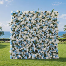 Load image into Gallery viewer, Flower Wall Backdrop [Coastal Breeze Blue Hydrangea White Rose Roll-Up Fabric Panel] for Ceremony &amp; Photo Booth
