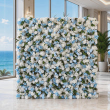 Load image into Gallery viewer, Flower Wall Backdrop [Coastal Breeze Blue Hydrangea White Rose Roll-Up Fabric Panel] for Ceremony &amp; Photo Booth
