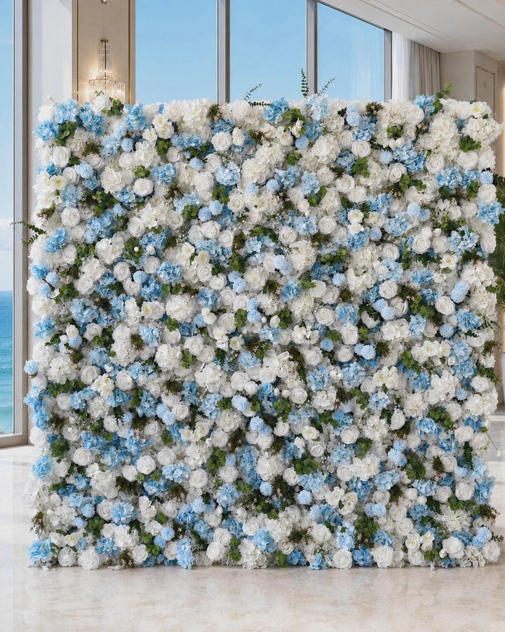 Flower Wall Backdrop [Coastal Breeze Blue Hydrangea White Rose Roll-Up Fabric Panel] for Ceremony & Photo Booth