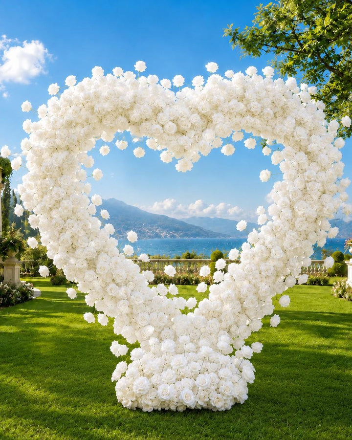 Flower Wall Backdrop [Pearl Heartscape White Rose Arch Frame] for Ceremony & Photo Booth, 6.5x6.5 ft