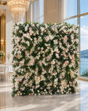 Load image into Gallery viewer, Flower Wall Backdrop [Olive Veil White Blush Rose Roll-Up Fabric Panel] for Ceremony &amp; Photo Booth
