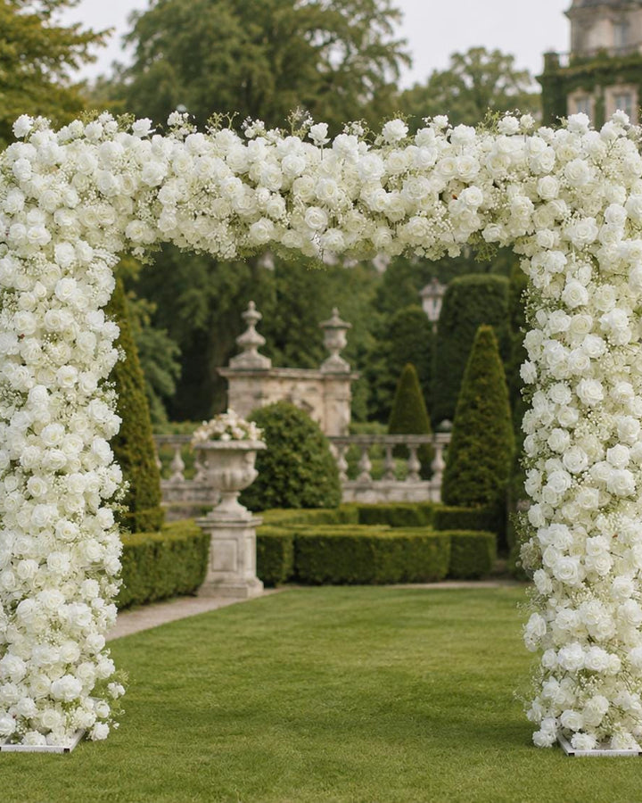 8x8 ft White Rose Wedding Arch Foam Based Flower Arrangement, Floral Table Runner, Flower Row For Party Decor | 50% Return Refund Option