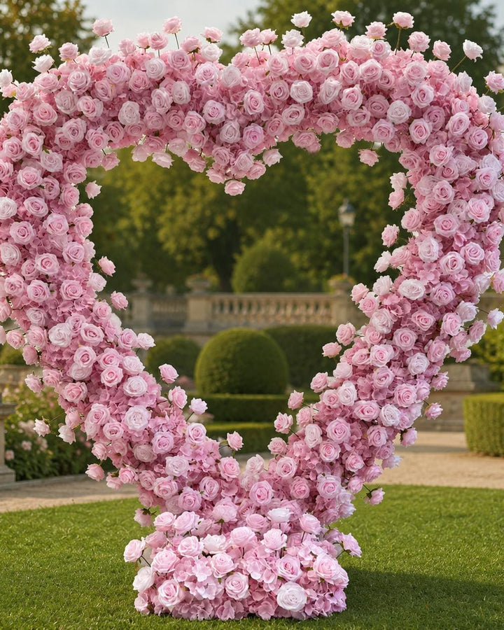Pink Floral Heart Arch Backdrop Fabric Flower Floral Arrangment 6.5x6.5 ft, Wedding Photo Booth Decor | 50% Return Refund Option