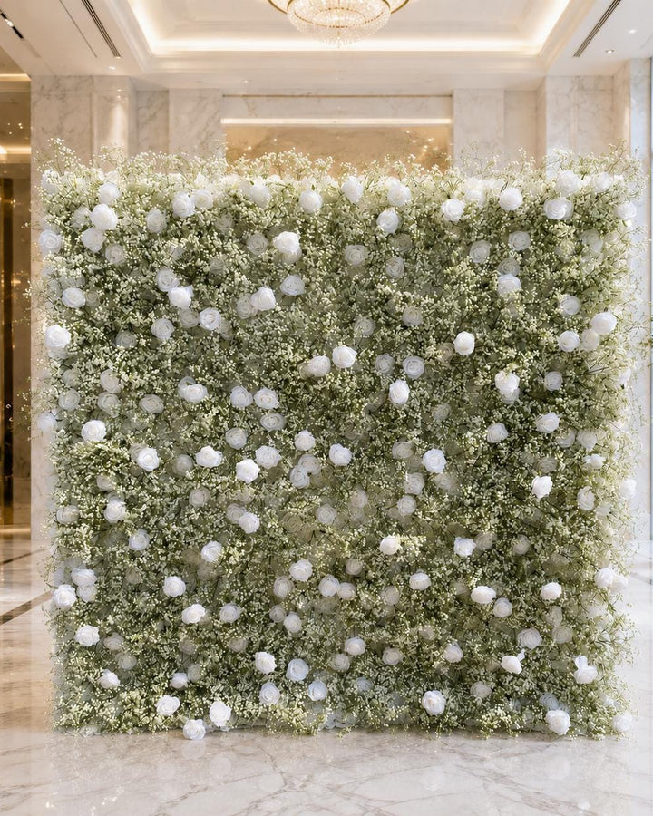 White Rose & Baby's Breath Roll Up Flower Wall Backdrop, Wedding Decor | 50% Return Refund Option