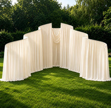 Load image into Gallery viewer, Made-to-Order Curved Wedding Backdrop with Drapery &amp; Florals [Classic Ivory, Champagne Blush Flowing Veil] Arch Alternative
