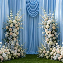 Load image into Gallery viewer, Made-to-Order Curved Wedding Backdrop with Drapery &amp; Florals [Coastal Blue Flowing Veil] Wedding Arch Alternative
