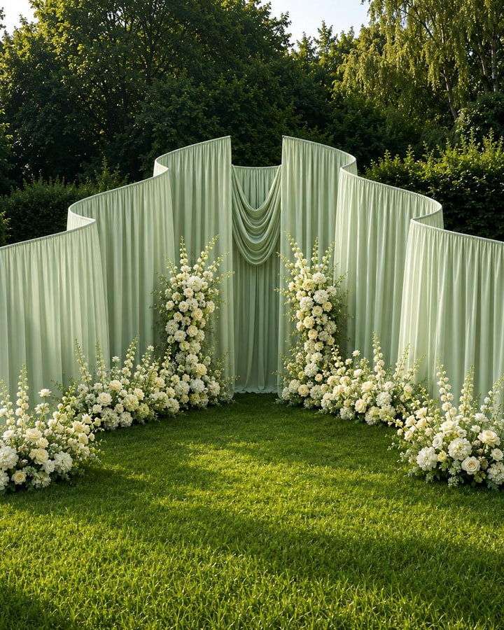 Made-to-Order Curved Wedding Backdrop with Drapery & Florals [Botanical Green Flowing Veil] Wedding Arch Alternative