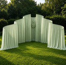 Load image into Gallery viewer, Made-to-Order Curved Wedding Backdrop with Drapery &amp; Florals [Botanical Green Flowing Veil] Wedding Arch Alternative
