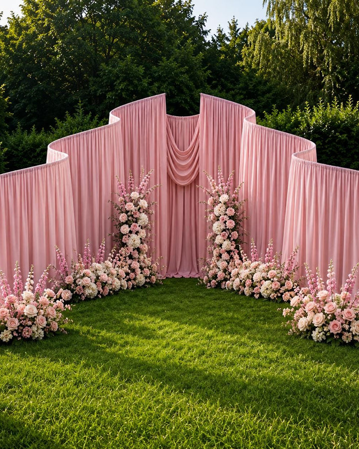 Made-to-Order Curved Wedding Backdrop with Drapery & Florals [Romantic Blush Flowing Veil] Wedding Arch Alternative