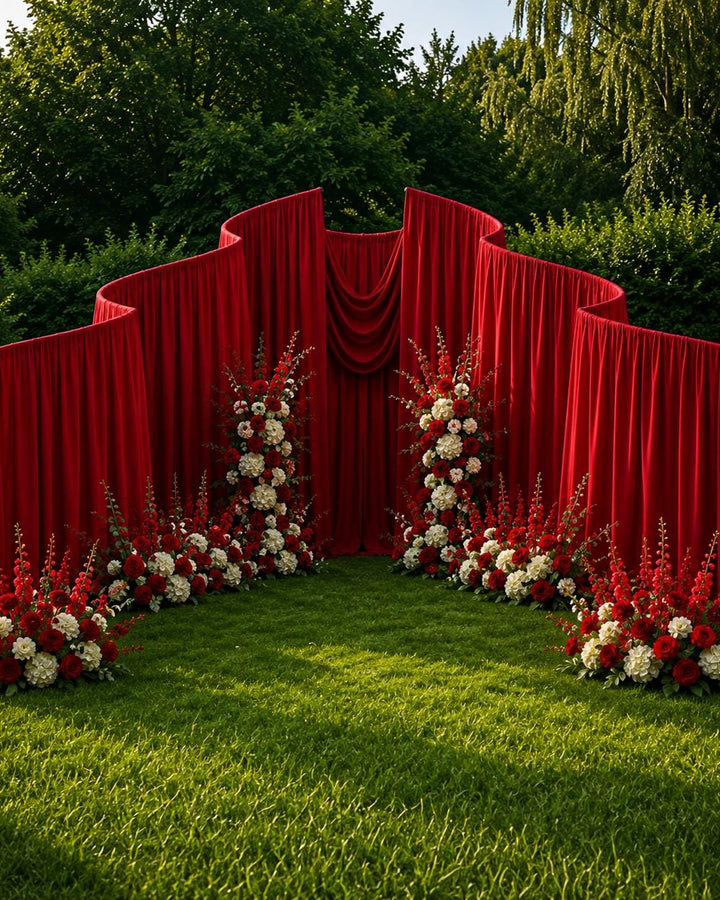 Made-to-Order Curved Wedding Backdrop with Drapery & Florals [Crimson Romance Flowing Veil] Wedding Arch Alternative