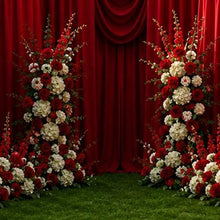 Load image into Gallery viewer, Made-to-Order Curved Wedding Backdrop with Drapery &amp; Florals [Crimson Romance Flowing Veil] Wedding Arch Alternative
