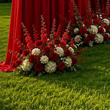 Load image into Gallery viewer, Made-to-Order Curved Wedding Backdrop with Drapery &amp; Florals [Crimson Romance Flowing Veil] Wedding Arch Alternative
