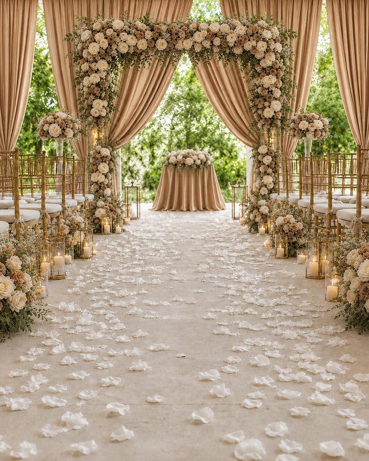 Made-to-Order Wedding Backdrop with Drapery, Floral Arch, Aisle Flowers and Altar Decor [Warm Mocha Garden Veil Collection]
