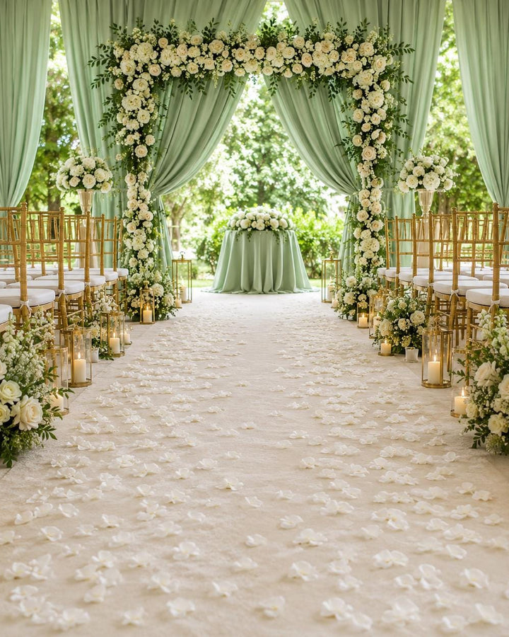 Made-to-Order Wedding Backdrop with Drapery, Floral Arch, Aisle Flowers and Altar Decor [Botanical Green Garden Veil Collection]