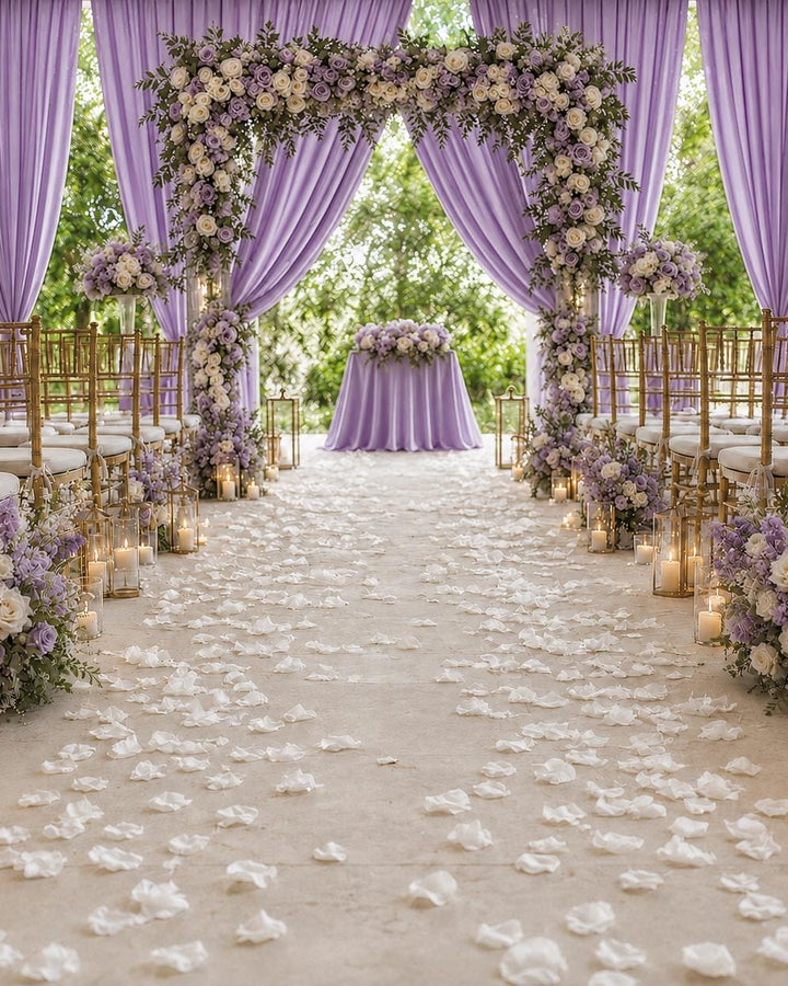 Made-to-Order Wedding Backdrop with Drapery, Floral Arch, Aisle Flowers and Altar Decor [Amethyst Garden Veil Collection]