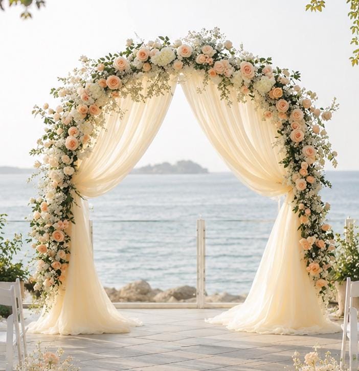 Made to Order Wedding Arch Flowers, Aisle Floral Arrangements & Chiffon Draping | [Halo Vow Collection]