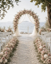Load image into Gallery viewer, Made to Order Wedding Arch Flowers, Aisle Floral Arrangements &amp; Chiffon Draping | Halo Vow Collection
